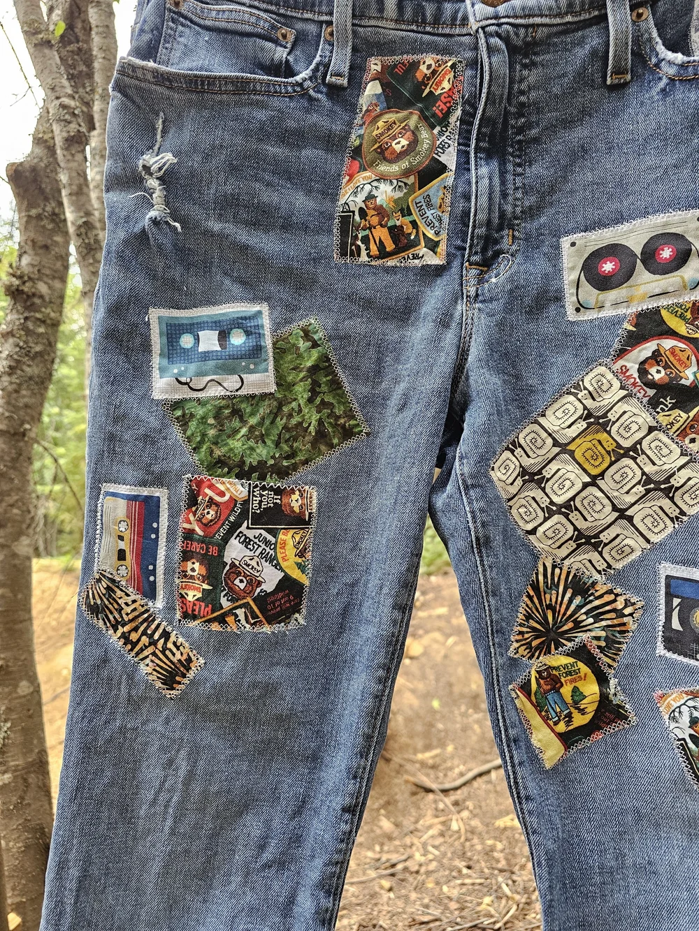 J. Crew Blue Patchwork Straight-Leg Jeans with Vintage Graphic Patches